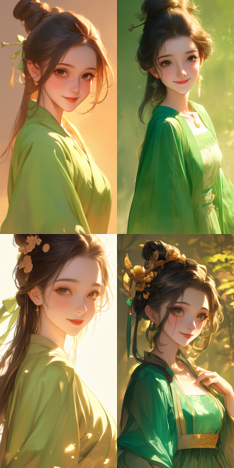 卡通女孩身穿绿色汉服，微笑，可爱，半身像，柔和光线，温暖色调，细腻质感，卡通风格，手绘画风，正面视角，明亮色彩，愉悦表情，细节丰富，高饱和度，柔和阴影，细腻笔触，温馨氛围，正面光，明亮背景，可爱发型，精致饰品，温暖笑容，细腻肌肤，明亮眼睛，柔和轮廓，温馨场景，细腻纹理，明亮色彩，愉悦心情。
