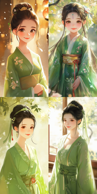 卡通女孩身穿绿色汉服，微笑，半身像，柔和光线，温暖色调，细腻质感，卡通风格，手绘画风，正面视角，明亮色彩，愉悦表情，细节丰富，高饱和度，柔和阴影，细腻笔触，温馨氛围，正面光，明亮背景，可爱发型，精致饰品，温暖笑容，细腻肌肤，明亮眼睛，柔和轮廓，温馨场景，细腻纹理，明亮色彩，愉悦心情。