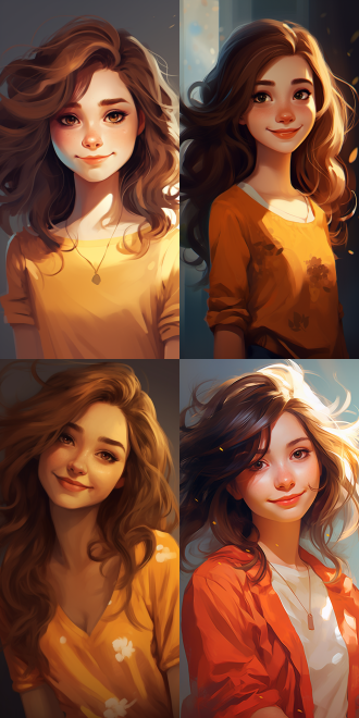 披肩发单眼皮女孩微笑可爱半身像柔和光线温暖色调细腻质感卡通风格手绘画风正面视角明亮色彩，半身像，柔和光线，温暖色调，细腻质感，卡通风格，手绘画风，正面视角，明亮色彩，微笑，可爱。