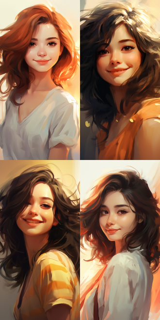 披肩发，单眼皮女孩，微笑，可爱，半身像，柔和光线，温暖色调，细腻质感，卡通风格，手绘画风，正面视角，明亮色彩，高饱和度，柔和阴影，细腻笔触，温馨氛围，明亮背景，温暖笑容，细腻肌肤，柔和轮廓，明亮眼睛，温暖色调，细腻质感，卡通风格，手绘画风，正面视角，明亮色彩。