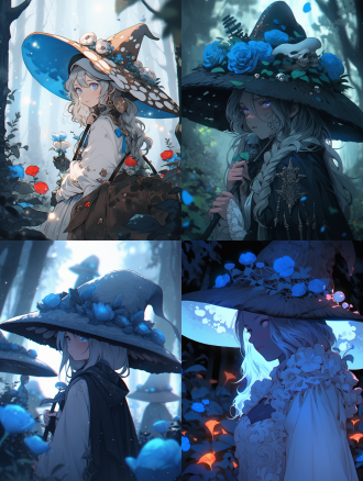 少女戴着华丽帽子，毒蘑菇，玫瑰，森林，蔷薇，爱丽丝，二次元，蓝色，中心构图，高饱和度，森林深处，长焦镜头，柔和光线，静止，神秘，梦幻。