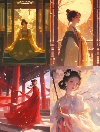 汉服，宫殿台阶，金碧辉煌，东方审美，东方面孔，大女主，女王陛下，中式审美，史诗级场景，高清，超高清，细节，二次元，板绘，对称构图，暖色调，广角镜头，侧光，华丽。