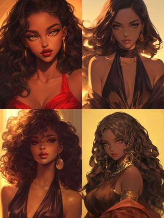 黑皮女神，披发，吊带裙，红唇，霸气，高清，超高清，二次元，细节，超细节，半身像，正面视角，室内，暖色调，柔光，广角镜头，特写，自信，神秘，力量感。