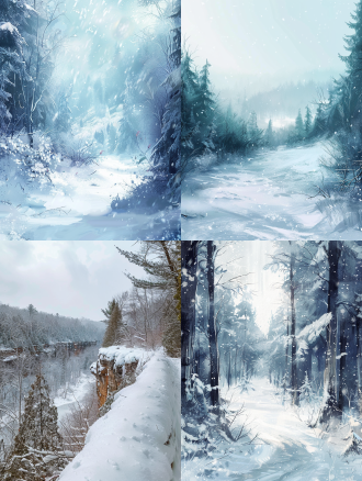 雪地森林边缘广阔视野雪景，纯净白色冷色调，长焦镜头，自然光柔和打光，宁静氛围，冰晶点缀，冬季景象。