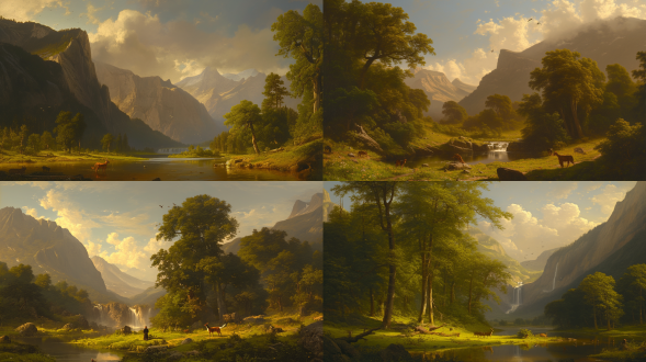 恬静安宁的风景油画，大景深，小瀑布，茂密森林，喝水的小动物，飞翔的鸟类，对角线布局，柔和光线，自然色调，广角镜头，侧光，慢快门，和谐，宁静。