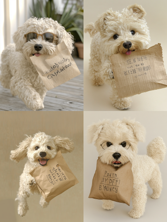 白毛狗狗正面跑动，嘴巴咬着牛皮纸，纸上有字母，素色背景，动态模糊，高对比度，浅色调，广角镜头，侧光，快速快门，活力，专注。