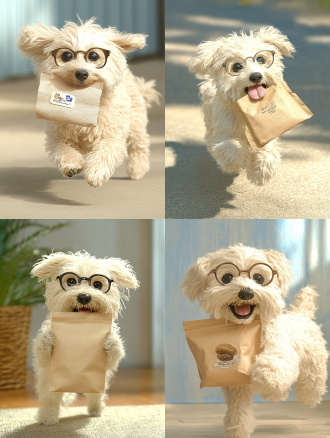 白毛狗狗正面跑动，牛皮纸零食袋叼嘴里，素色背景，圆圆眼睛，无眼镜，动态模糊，高对比度，自然光，广角镜头，活泼，温暖色调，喜悦。