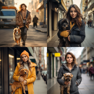女人牵狗，城市街道，对称构图，高饱和度，街景，长焦镜头，柔和自然光，悠闲步伐，温馨，和谐。