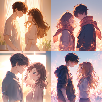 动漫情侣头像，并肩站立，微笑对视，浪漫氛围，柔和光线，粉色调，超广角镜头，逆光，慢快门，甜蜜，温馨。