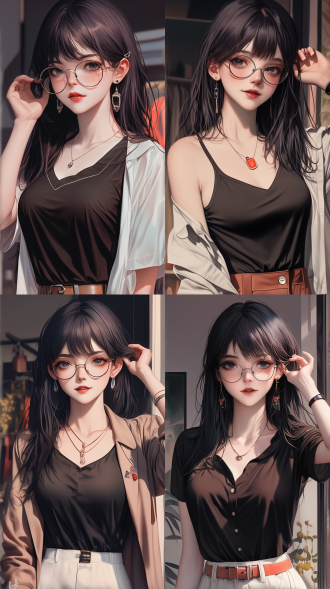 女生动漫御姐范戴眼镜长头发齐刘海，半身像，柔和光线，室内，暖色调，中焦镜头，自然光，微笑，优雅，温柔。