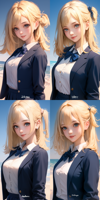 黄头发丸子头制服女生动漫二次元，真实质感，半身像，明亮光线，柔和阴影，细节丰富，高分辨率，自然色彩，微笑表情，校园背景，特写镜头，温暖色调，青春活力。