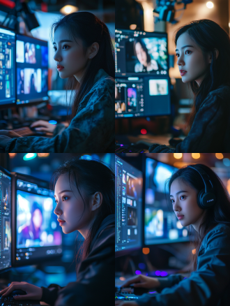 工作室中用pr剪辑的中国女人，三分构图，科技感环境，动漫写实风，3:4画幅，4k，顶光，特写，冷色调，专注神情，专业。