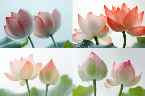 微距摄影，两朵荷花一高一低，磨砂玻璃模糊，白色透明背景，莲花和绿色荷叶，透明花瓣，柔和的红色，特写x光，雾状水滴，细腻纹理，低角度，柔光，微距镜头，自然环境，静物，温暖色调，宁静。