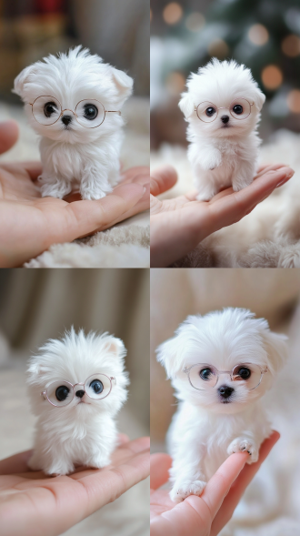 一只站在人手上的小小的马尔济斯，纯白色，圆圆的淡蓝色的眼睛，可爱的萌萌的，带着眼镜