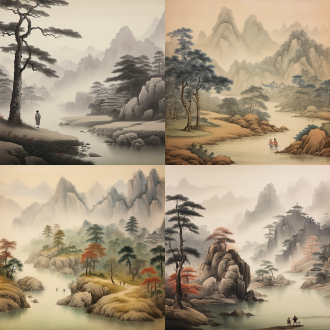 简洁的山水画主题，画面展现平缓的山丘和宁静的河流穿过画面，四周点缀着稀疏的树木，远处有淡淡的群山背景。河面上升起轻雾，营造出宁静祥和的氛围。在画面中，加入一个身穿传统长袍的行人，站在河边，手持竹杖，似在远望山水。整体风格简约，强调水、山、人物、天空之间的自然和谐，灵感来自传统的中国水墨画。