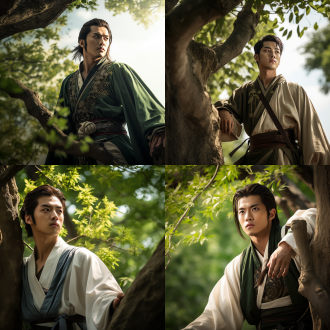 年轻英俊的刘备，简朴汉代服饰，坚毅表情，仰望巨大古老桑树，茂密绿叶，古代中国乡村背景，握紧拳头，低角度拍摄突出树的高大与刘备的渺小，充满希望、坚定又略带忧郁的氛围，水墨画风格带淡淡彩色点缀
