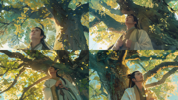 年轻英俊的刘备（男），简朴汉代服饰，坚毅表情，仰望巨大古老桑树，茂密绿叶，古代中国乡村背景，握紧拳头，低角度拍摄突出树的高大与刘备的渺小，充满希望、坚定又略带忧郁的氛围，水墨画风格带淡淡彩色点缀