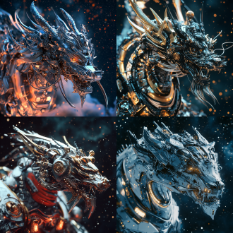 机械战甲型生肖龙，特写镜头，4k高清，真实质感，高对比度，大师级作品，星空背景，黑暗群星璀璨，多细节，湿润感，光环效果，机甲细节精致，金属光泽，动态姿势，未来科技风格，冷色调，硬光，紧张战斗氛围。