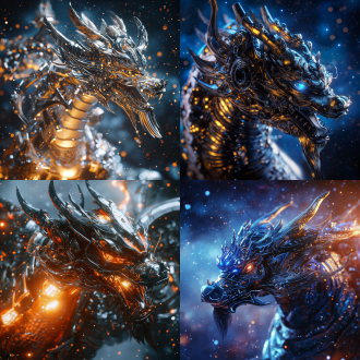 机械战甲型生肖龙，特写镜头，4k高清，真实质感，高对比度，大师级作品，星空背景，黑暗群星璀璨，多细节，湿润感，光环效果，机甲细节精致，金属光泽，动态姿势，未来科技风格，冷色调，硬光，紧张战斗氛围。