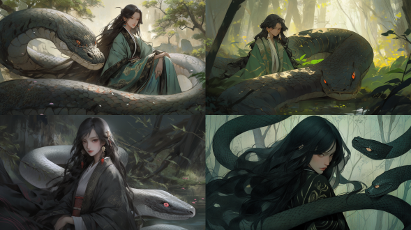 蛇妖美丽，曲线优雅，鳞片闪烁，图案精致，黑发飘逸，眼神深邃，瞳孔细长，上半身似人，下半身蛇尾，丝绸长袍，森林背景，对称构图，高光细节，自然光线，广角镜头，神秘氛围，冷色调，迷人表情。