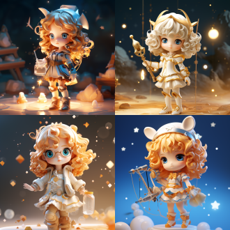 super cute girl ip made by pop mart, bow and arrow in hand, constellation theme, sagittarius, 3d models, blind box toys, fine gloss, clean background,a big bottle, 3d rendering, best quality, 8k,,,in clothes