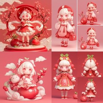 3d盲盒，泡泡玛特，三维古风，纯色背景，国风光影，卡哇伊，可爱的荔枝女孩ip，一个粉红嘟嘟的3d立体可爱小女孩，精致的面庞，粉红色的眼睛，长长的白色头发，戴着一红色荔枝状帽子，红色荔枝古风裙子，红色蝴蝶结鞋，背着一个红色可爱的荔枝包包，泡泡玛特的感觉, 超高清画质，盲盒，流行集市, ip盲箱, 树脂材料, 柔和的颜色, c4d, 超高清8k, 皮克斯, 3d风格