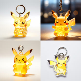 亚克力钥匙扣，纯白色背景，体积光，皮卡丘图案，边缘要非常透光，体现出亚克力的材质，高清，4k