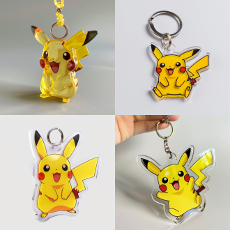 皮卡丘亚克力钥匙，滴胶工艺纯白色背景，居中构图，精致细腻，体积光环绕，柔和打光，特写镜头，高清晰度，纯净色彩，边缘要体现出亚克力材质的通透性，质感突出