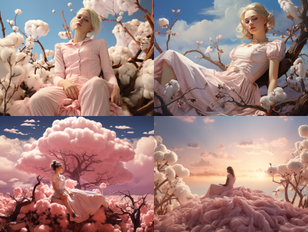女孩躺在棉花上，粉色的天空，有云朵，右边有一个大的棉花树