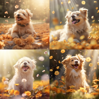 快乐小狗晒太阳，花瓣飘落，四季元素环绕，插画风格，三分法构图，柔光，暖色调，特写镜头，惬意。