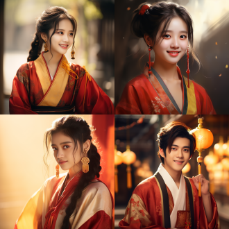 小柯基穿国风衣服微笑，特写构图，简洁背景，写实风，暖光，长焦镜头，清晰质感，可爱情绪，红黄色调。