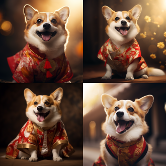 柯基穿国风衣服微笑，特写构图，简洁背景，写实风，长焦镜头，暖光，红黄色调，清晰质感，可爱，快速快门。