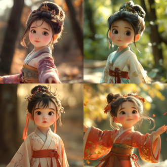 3岁穿汉服爱跳舞小女孩，半身特写，森林中，皮克斯风粘土质感，电影光，暖色调，可爱神情，高品质高清多细节。