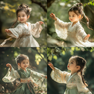 3岁汉服小女孩森林中跳舞，半身特写，电影光线，摄影风，暖绿调，大光圈，面部灵动，可爱欢快，高清多细节。