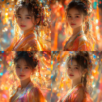 年轻女孩着唐朝服饰发饰旋转起舞，缤纷背景，三分法构图，室内，长焦镜头，逆光，动态模糊，鲜艳色彩，欢快情绪。