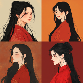 黑发长发美女着红色汉服，颔首低眉微笑侧颜，插画风，纯色背景，三分构图，柔和光，暖色调，温婉。