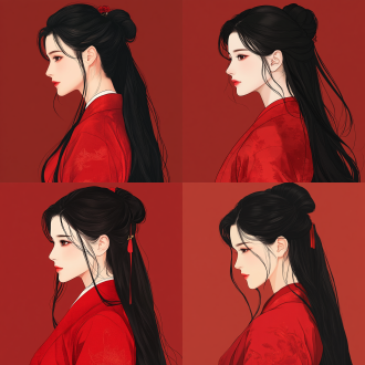 黑发长发美女着红色汉服，颔首低眉微笑侧颜，插画风，纯色背景，三分构图，柔和光，暖色调，温婉。