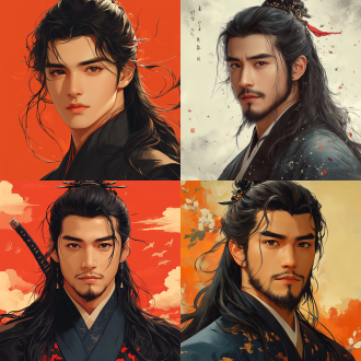 秦朝黑长发帅哥戴发饰，清冷面庞，插画风，纯色背景，居中构图，扁平风，冷色调，特写镜头，顶光，静态，帅气。