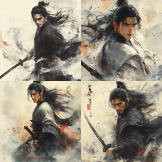 汉朝黑长发帅哥戴发饰，桀骜面庞舞剑，插画风，纯色背景，三分法布局，高饱和色，逆光，动态模糊，英气。