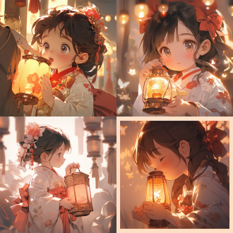 穿汉服小女孩持灯笼，居中构图，纯色背景，极简风，特写镜头，暖光，手持动作，精致细节，粉色调，恬静。