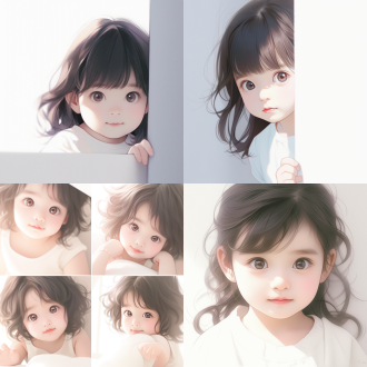 可爱小女孩，居中构图，极简风格，白墙背景，冷色调，特写镜头，顶光，微笑，纯真，简单细节。