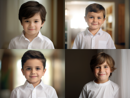 5岁微胖小男孩穿白衬衫正面照，居中构图，室内场景，柔和自然光，标准镜头，清晰聚焦，微笑，纯真，暖白主调。