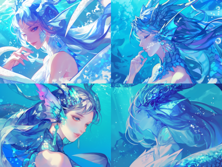 龙族美女，龙角龙鳞装，蓝色深海特写，三分法构图，中国动漫风，冷色调，长焦镜头，顶光，静止，静谧。