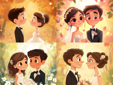 漫画情侣婚礼头像，男孩女孩着礼服对视微笑，自然背景，居中构图，皮克斯风，明亮色彩，活泼氛围。