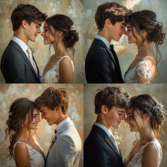 情侣婚礼头像，男孩女孩着礼服居中对视微笑，自然背景，粘土材质，明亮色彩，居中构图，活泼氛围，正面光，低饱和度。