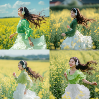 中国女孩绿衣白裙波浪长发戴耳机，在油菜花地奔跑微笑，居中构图，电影风格，明亮色，活泼氛围，自然背景，广角镜，侧光。