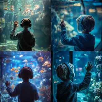 海洋馆男孩背对鱼群玻璃，戴耳机单手摸玻璃，三分法构图，冷色调，超广角镜头，逆光，安静氛围，专注神情。 海报风格