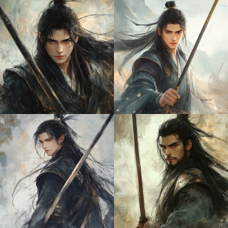 秦朝英气男子，黑长发持长枪，英姿飒爽，插画风，简洁背景，特写，冷色调，逆光，锐利眼神，古风元素。