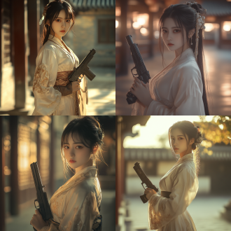 汉服小姐姐手持沙漠之鹰，优雅站立，眼神坚定，汉服飘逸，沙漠之鹰金属质感，背景为古风庭院，细腻光影，广角镜头，高对比度，暖色调，侧光，动态模糊，自信，力量。