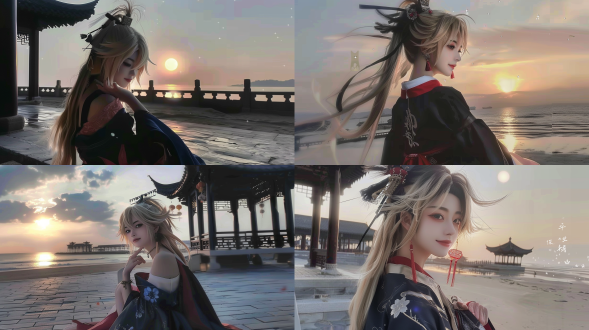一位年轻女子在海边看日落 年轻女子海边日落，逆光剪影，金色夕阳，沙滩上，长裙飘逸，侧脸微笑，柔和光线，广角镜头，自然光，宁静，温暖色调，浪漫。 星空夜景 亭子 古代中式
